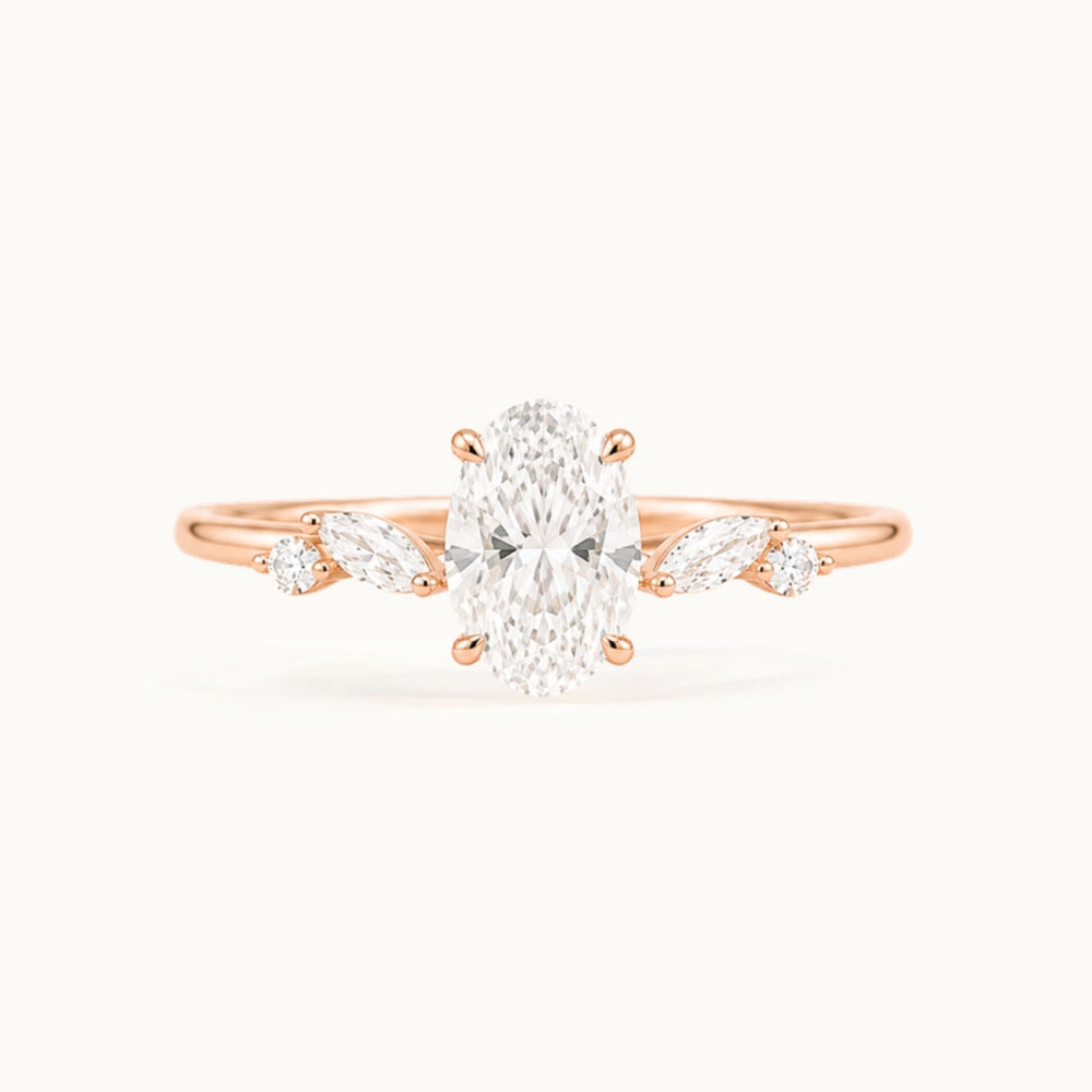 Willow oval lab-grown diamond engagement ring with marquise leaf accents in recycled 18K rose gold