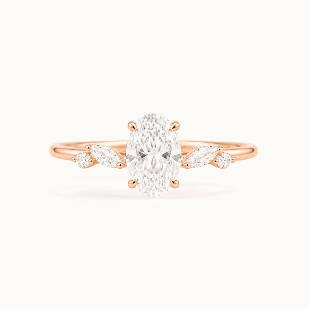 Willow oval lab-grown diamond engagement ring with marquise leaf accents in recycled 18K rose gold