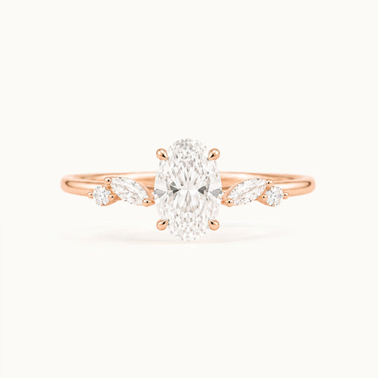 Willow oval lab-grown diamond engagement ring with marquise leaf accents in recycled 18K rose gold