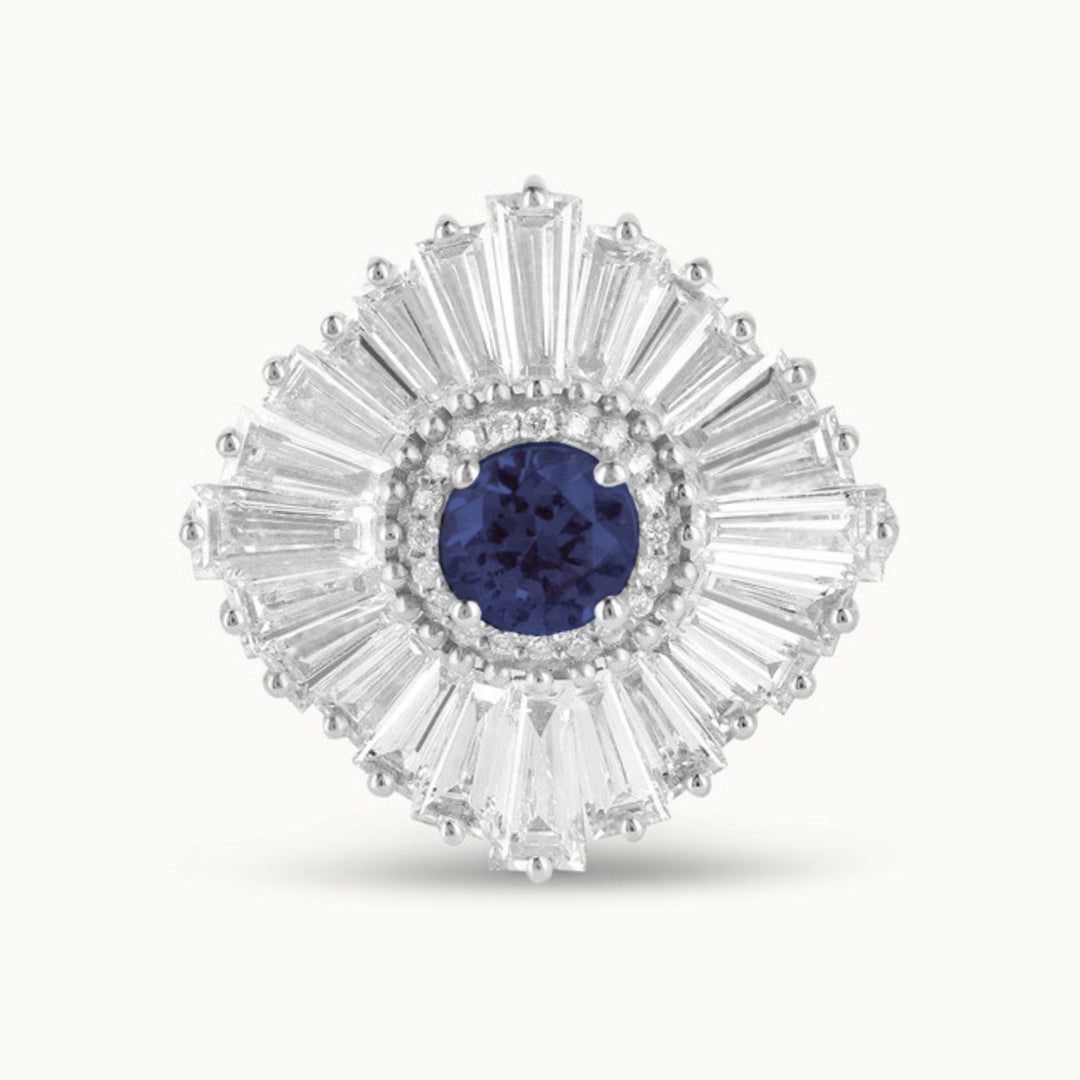 Ballerina Dusk Ring in recycled 18K white gold with a blue sapphire center