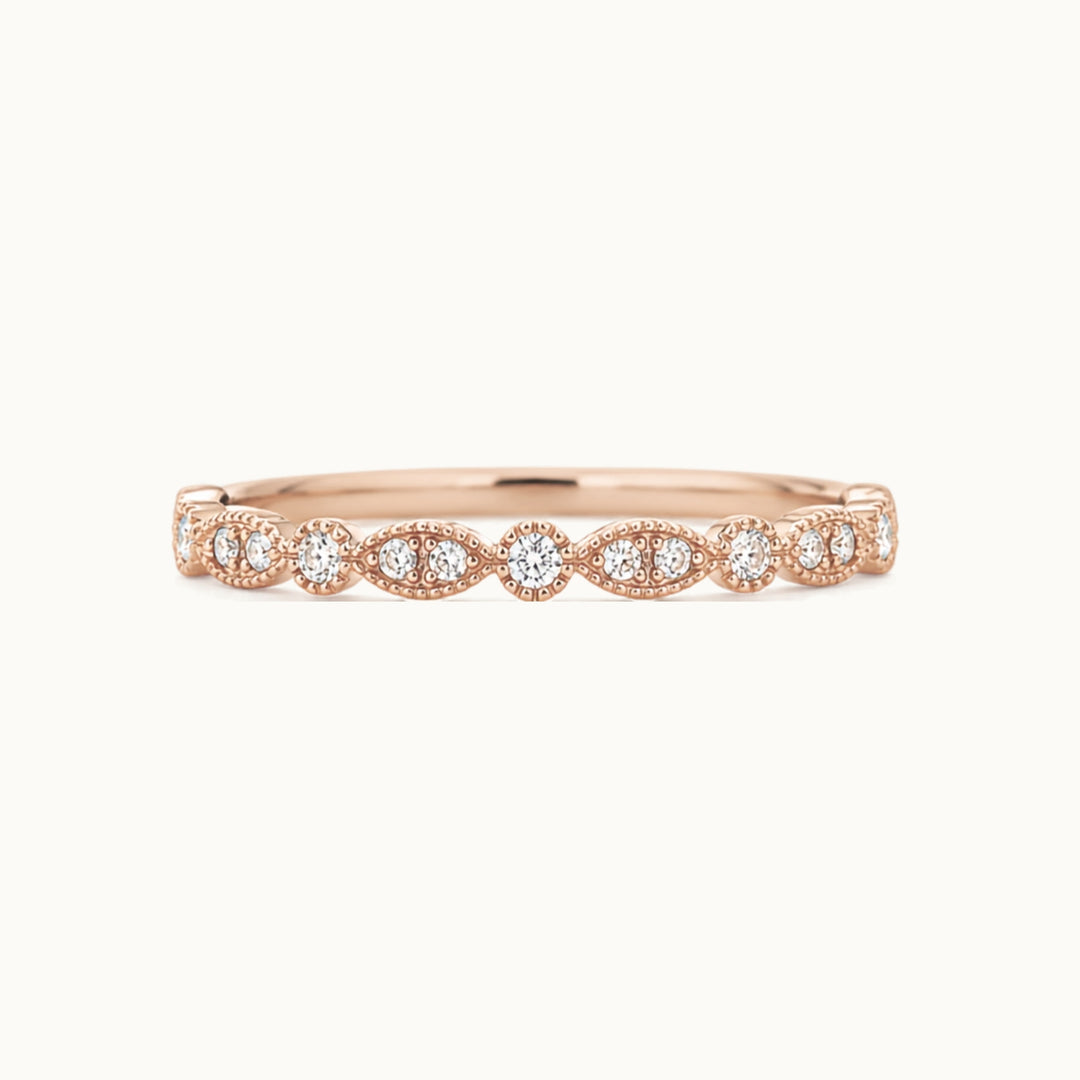 Violet Ring in recycled 18K rose gold, a vintage milgrain band with lab-grown diamonds