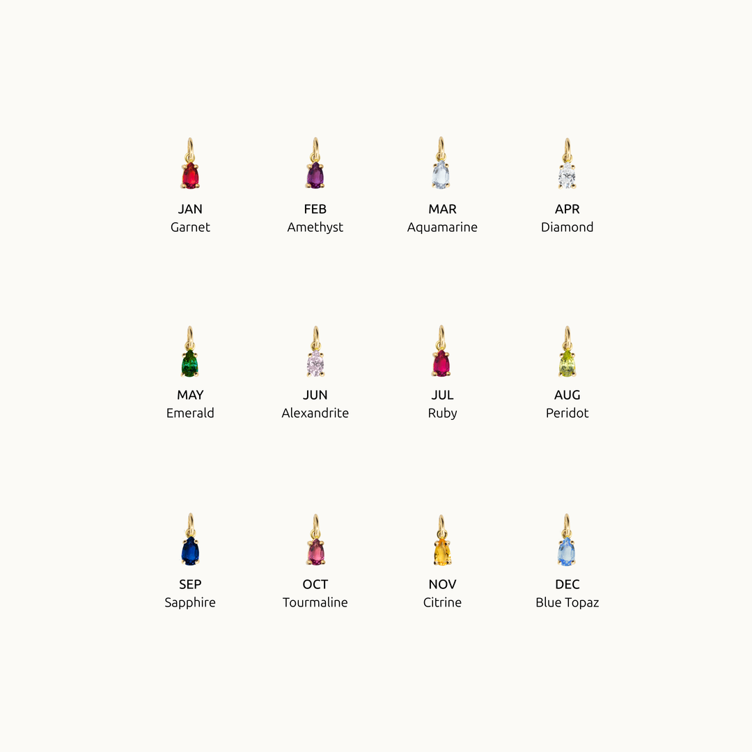 18 carat gold birthstone charms with gemstones for each month of the year on a white background, gemstones are labgrown and include Garnet Amethyst Aquamarine Diamond Emerald Alexandrite Ruby Peridot Sapphire Tourmaline Citrine Blue Topaz