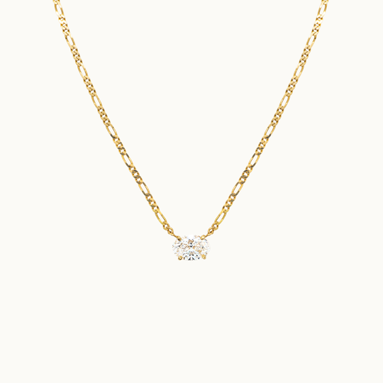 18 carat gold figaro chain necklace featuring a single solitaire 2 carat oval labgrown diamond pendant in a minimalist setting.