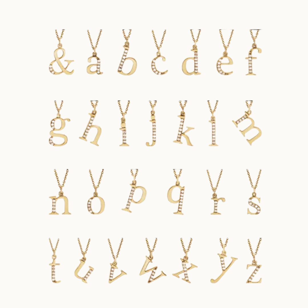 18 carat gold letter or initial charms with labgrown diamonds for each letter of the alphabet on a white background, gemstones are delicate small caps