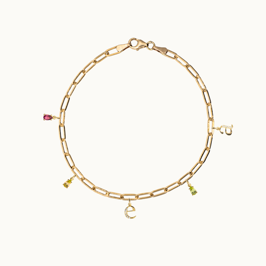 18 carat gold paperclip chain bracelet featuring dangling gemstone charms, birthstone charm bracelet and an initial or letter charm with labgrown diamonds on a chunky chain