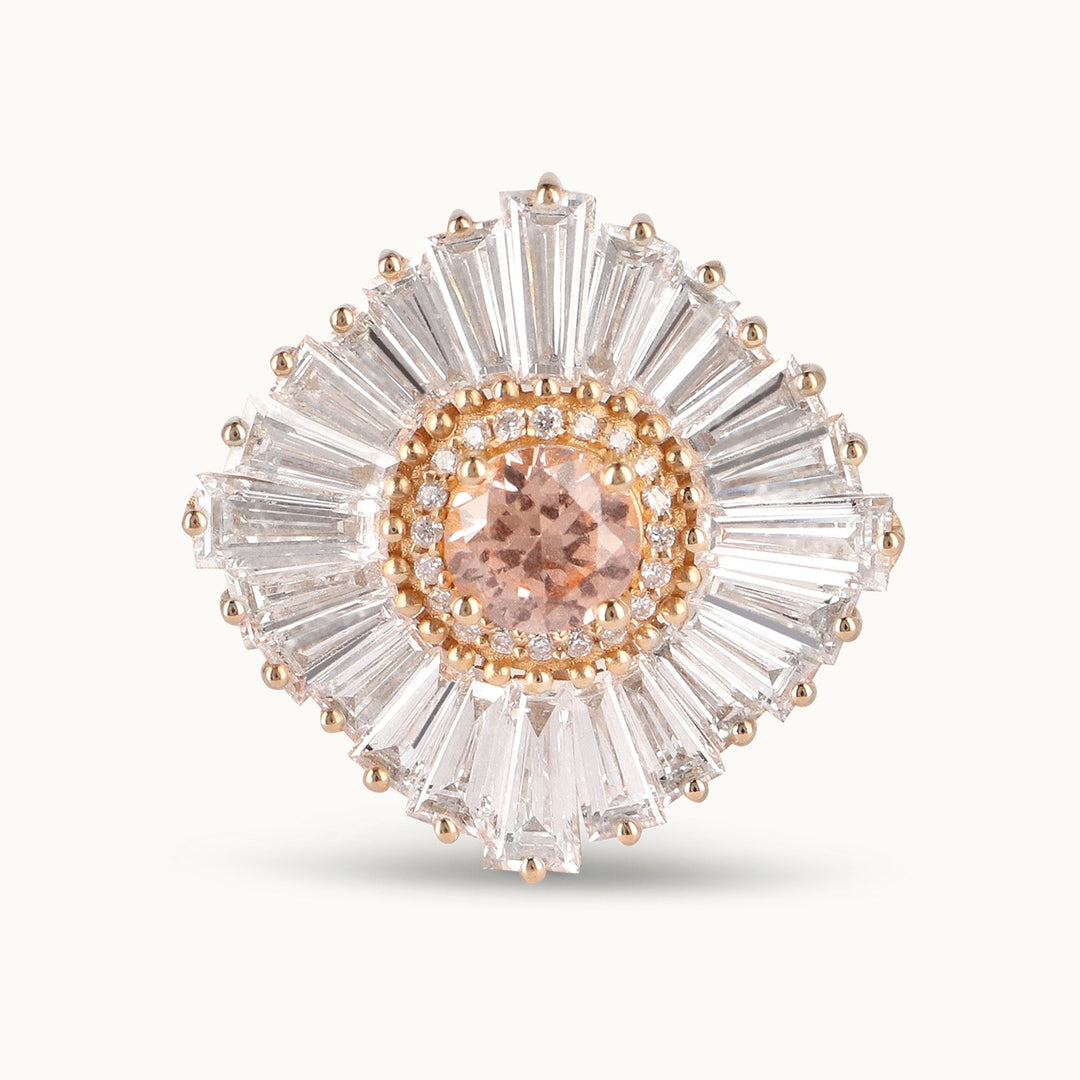 Ballerina Blush morganite and lab-grown diamond halo ring in recycled 18K gold