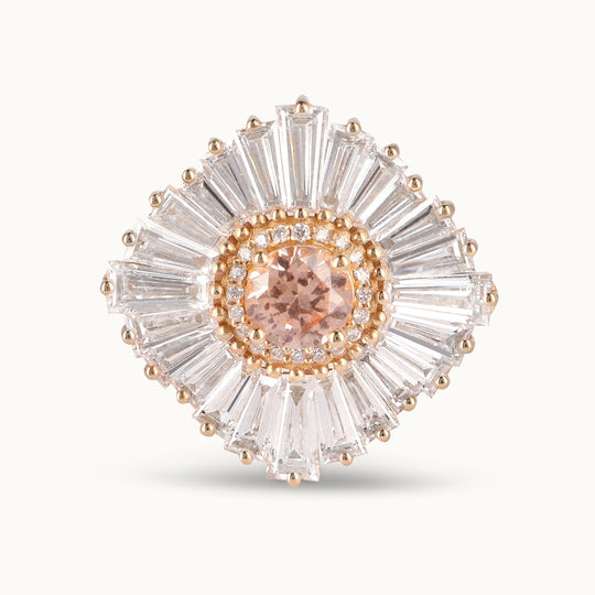 Ballerina Blush morganite and lab-grown diamond halo ring in recycled 18K gold