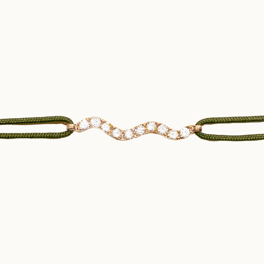 Cordelia wave-shaped labgrown diamond charm bracelet with forest green adjustable and customizable cord and 18 carat gold setting