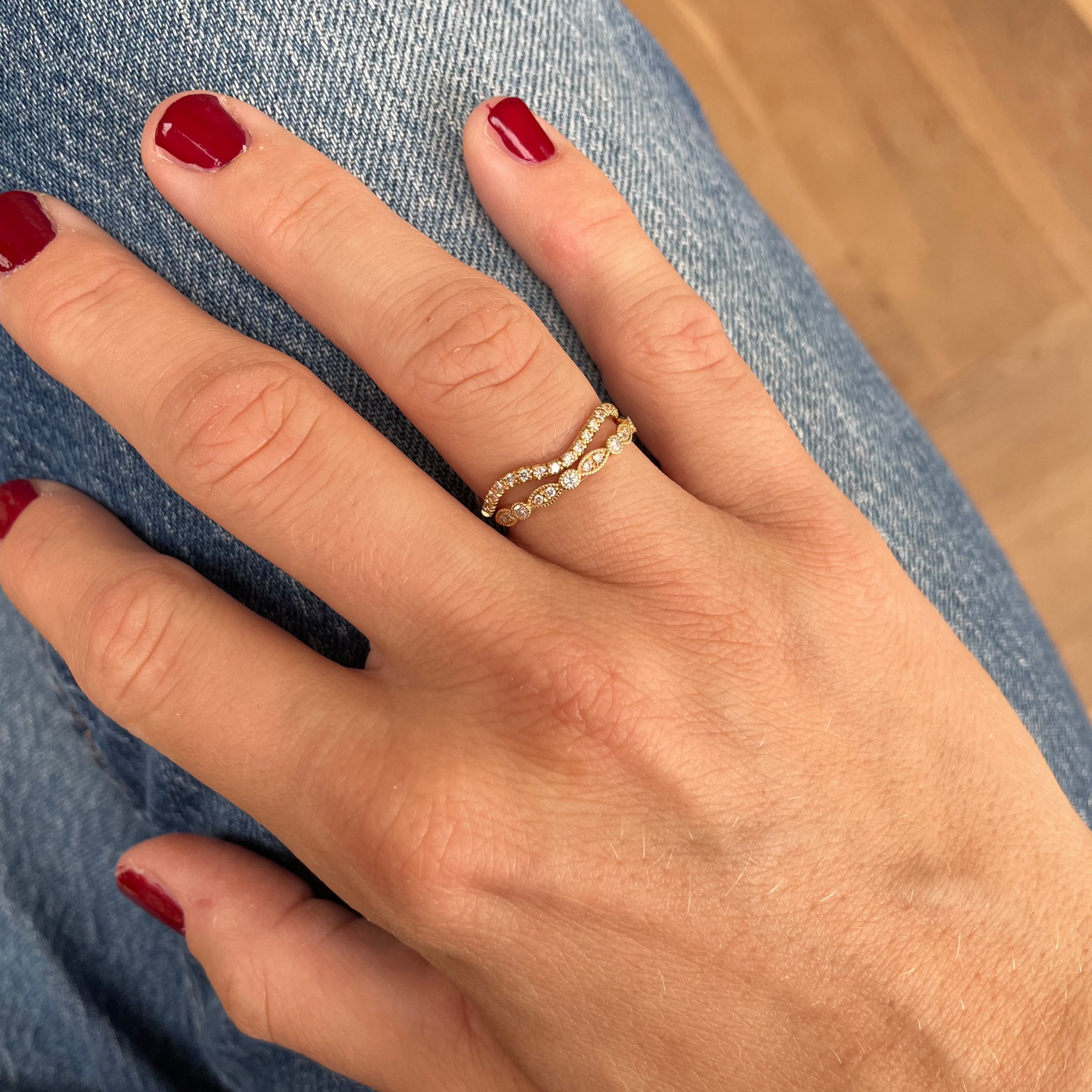 Cordelia Ring stacked with the Violet Ring on the hand