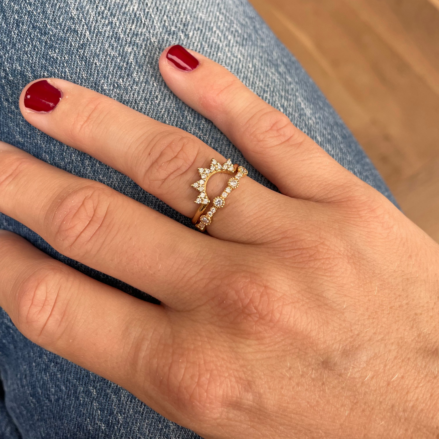 Jasmine Ring stacked with the Marigold Ring on the hand