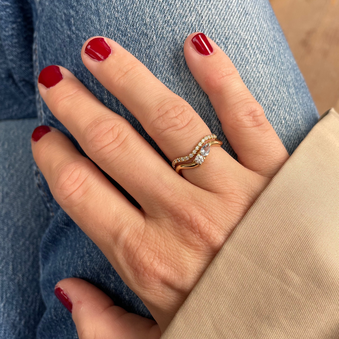 Seaside Serenade Ring stacked with the Cordelia Ring on the hand