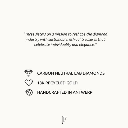 Juna Fae brand values highlighting carbon neutral lab diamonds, recycled 18K gold and handcrafted jewelry in Antwerp