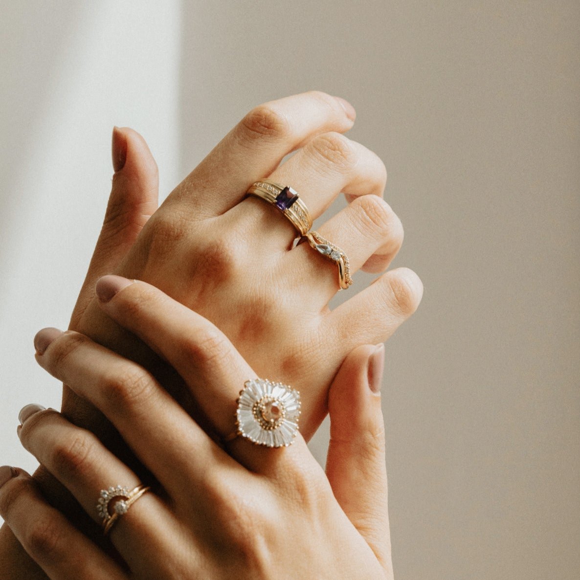 Majestic Mauve Ring and Ballerina Blush Ring worn on two hands