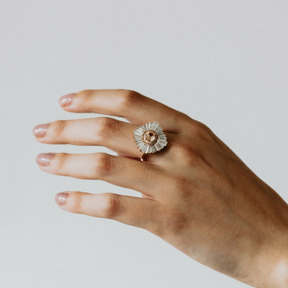 Ballerina Blush Ring worn on the hand, yellow gold with morganite center