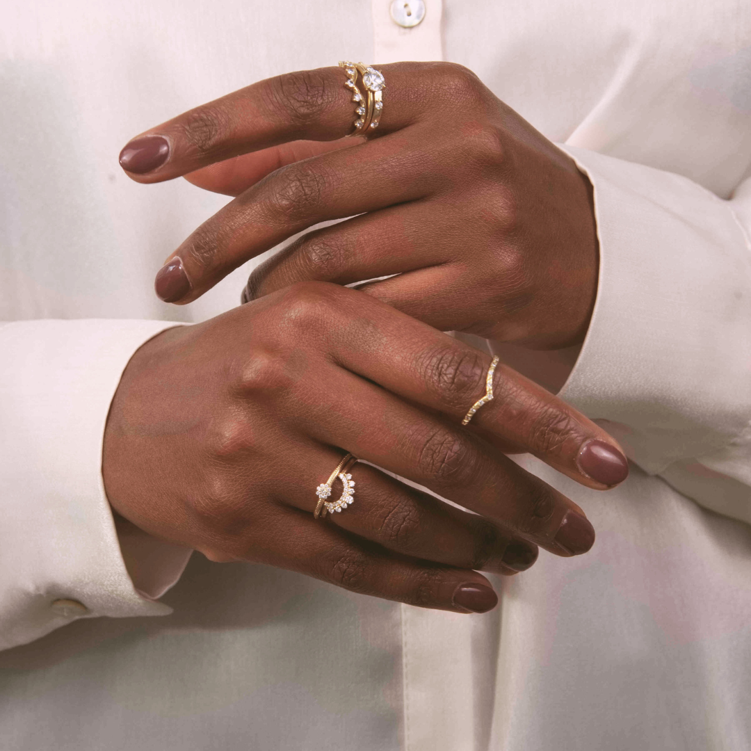 Rosalynn Ring worn with other Juna Fae rings on both hands