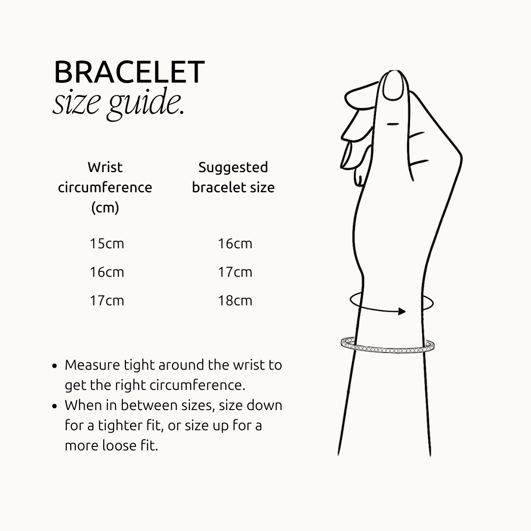 Bracelet size guide showing wrist measurement illustration and recommended bracelet sizes.