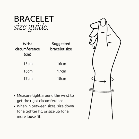 Bracelet size guide showing wrist measurement illustration and recommended bracelet sizes.