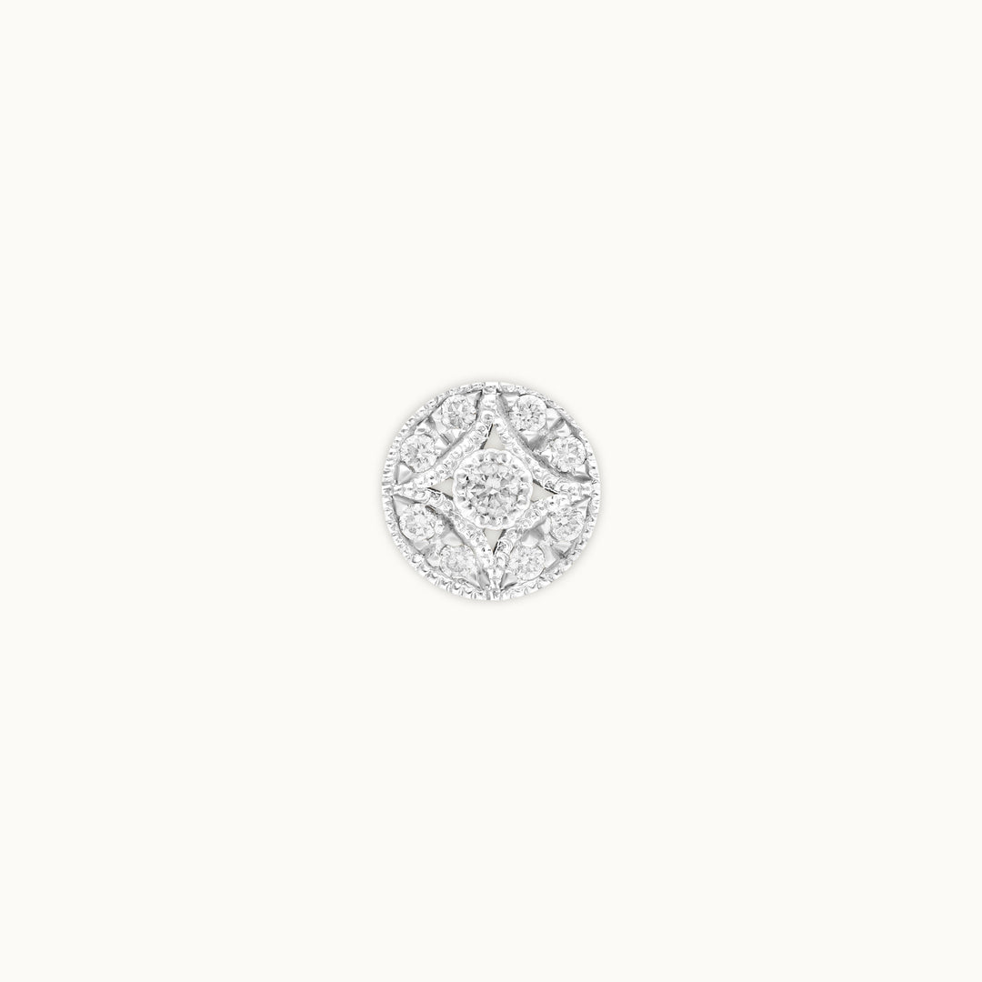 Violet lab-grown diamond milgrain stud earring in recycled 18K white gold