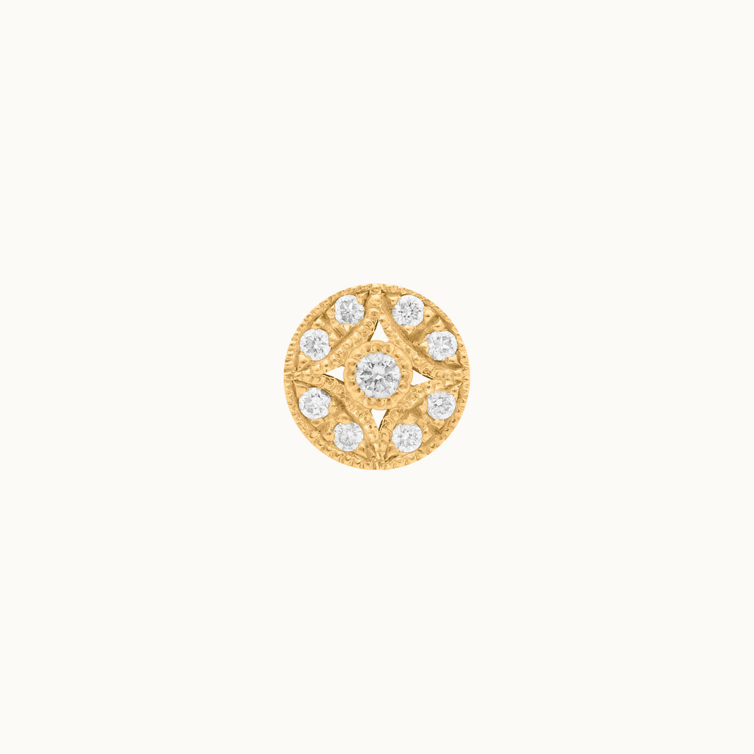 Violet lab-grown diamond milgrain stud earring in recycled 18K yellow gold.