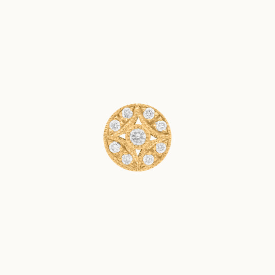 Violet lab-grown diamond milgrain stud earring in recycled 18K yellow gold.