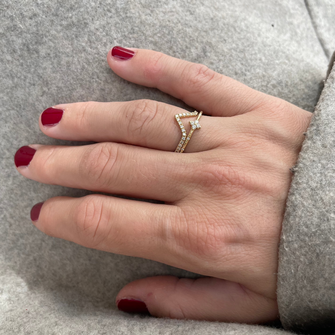 Avery Ring and Heather Ring stacked on hand – lab-grown diamond stackable rings in recycled 18K yellow gold, Juna Fae