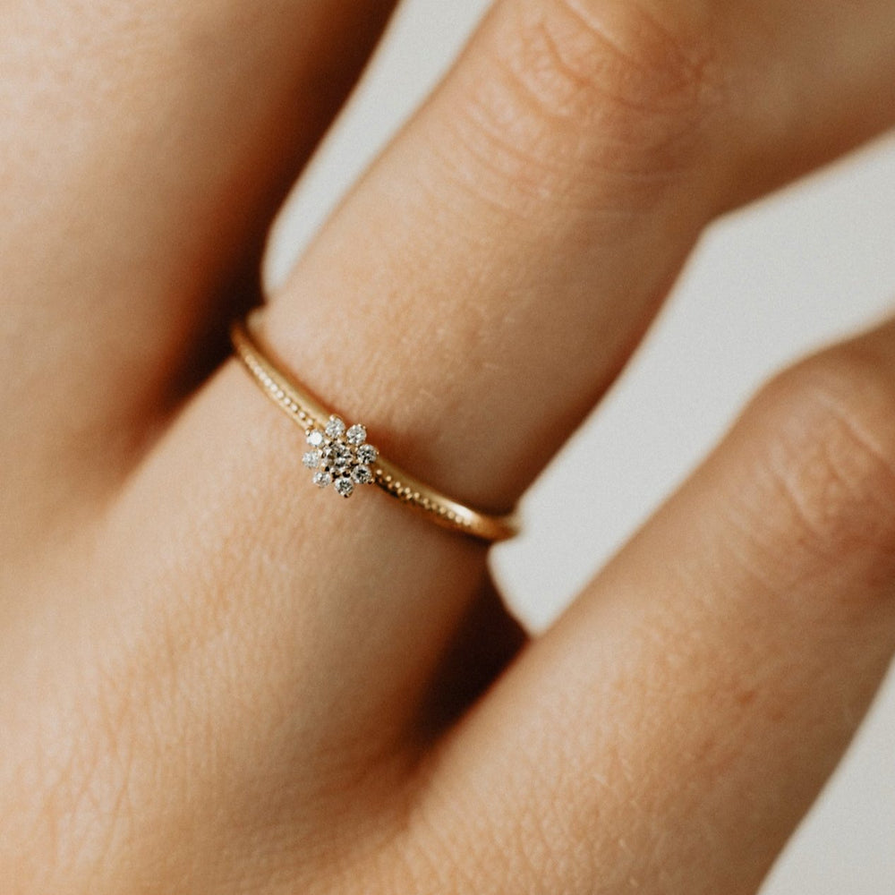 Flora Ring worn on hand – 18k gold floral ring with lab-grown diamonds