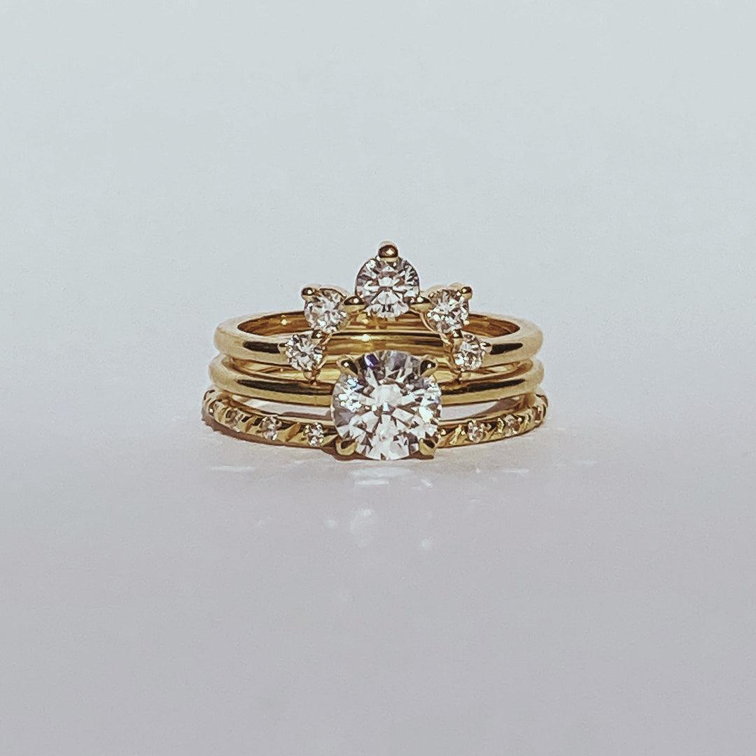 Primrose Ring stacked with a diamond crown band and a beaded band on stone, recycled 18K yellow gold