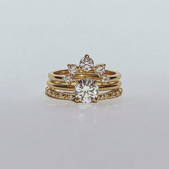 Primrose Ring stacked with a diamond crown band and a beaded band on stone, recycled 18K yellow gold