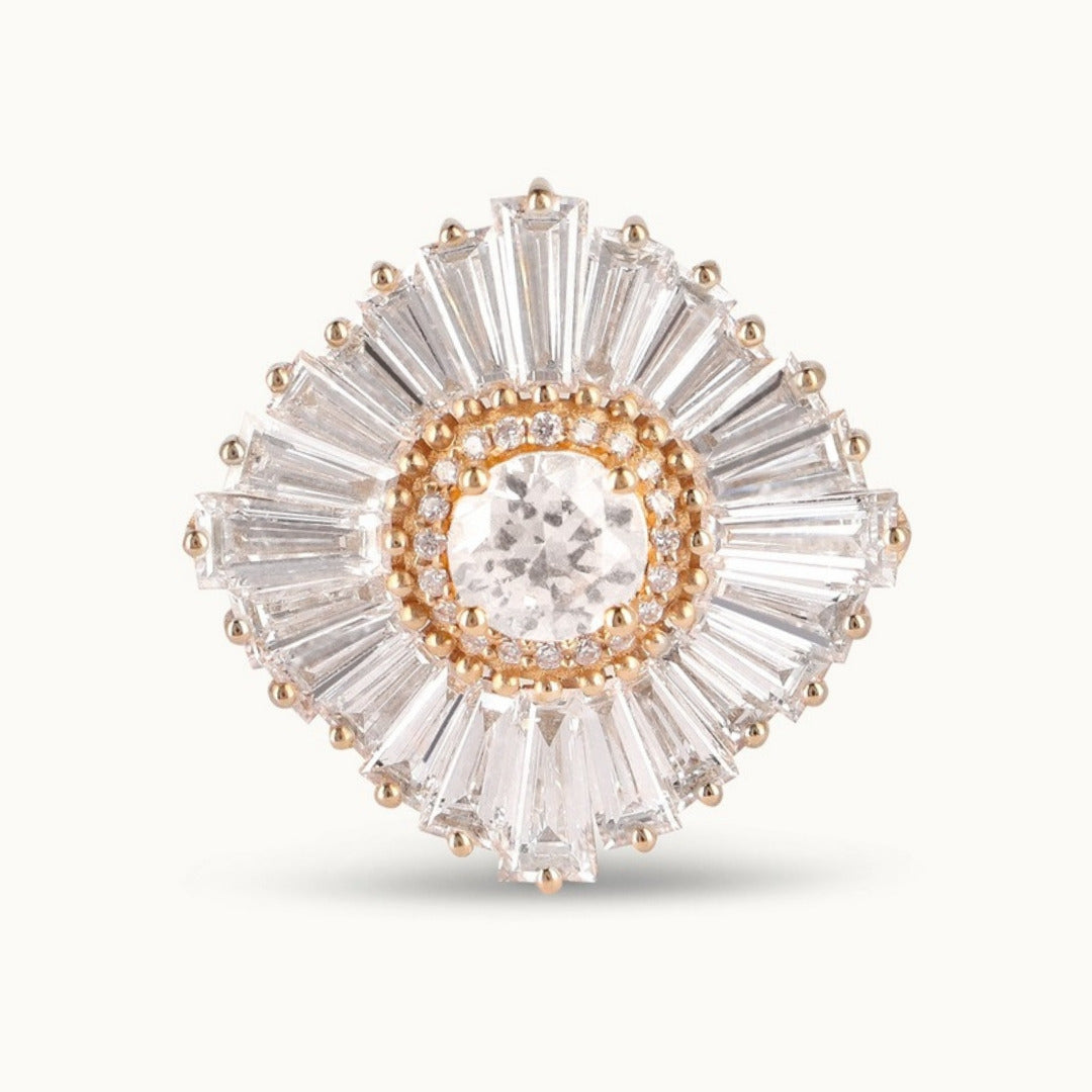 Ballerina Solstice Ring, a lab-grown diamond in a ballerina setting of tapered baguette diamonds, recycled 18K yellow gold