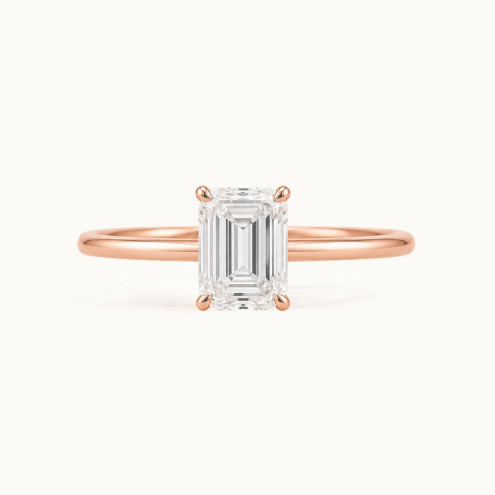 Primrose Emerald Ring, an emerald-cut lab-grown diamond solitaire in recycled 18K rose gold