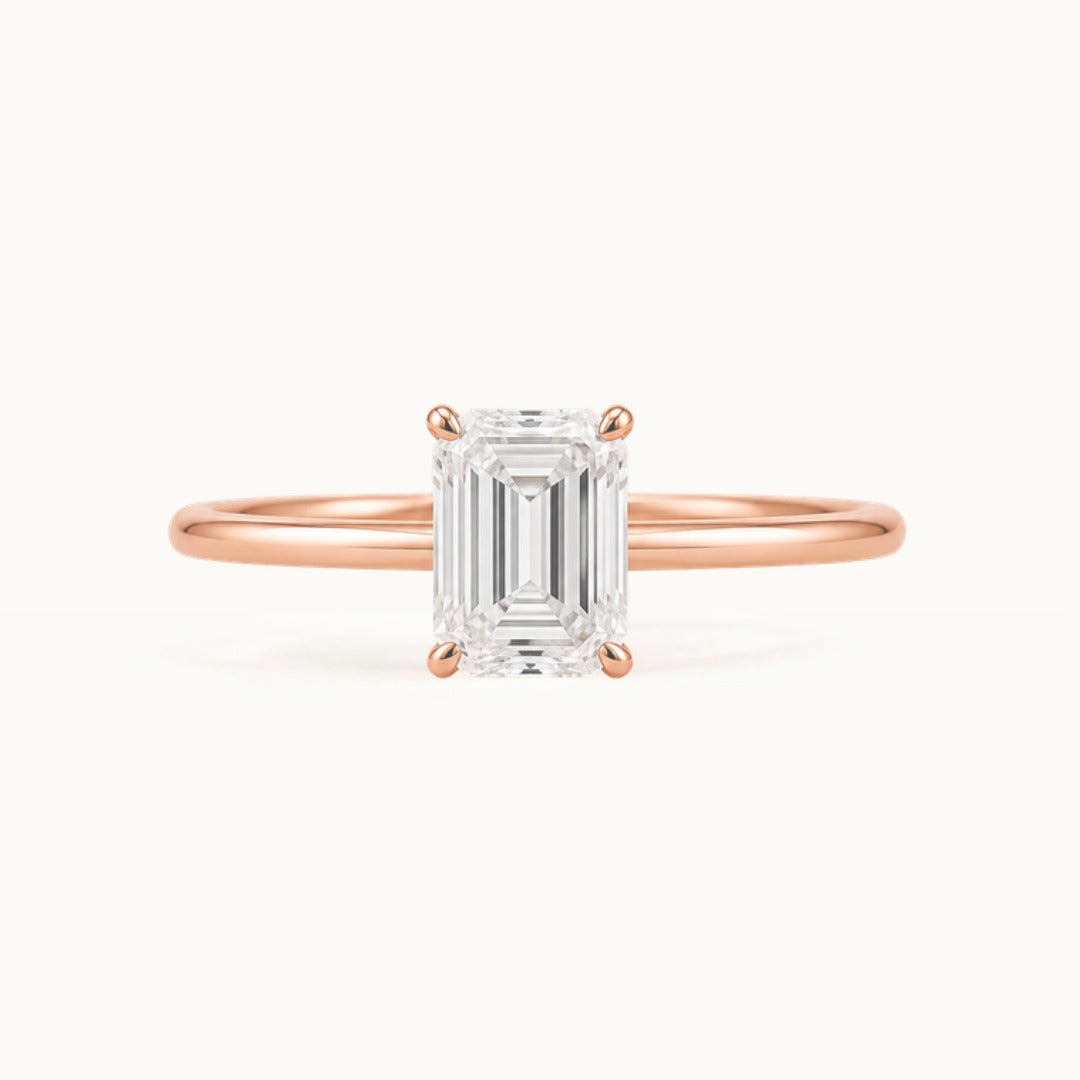 Primrose Emerald Ring, an emerald-cut lab-grown diamond solitaire in recycled 18K rose gold