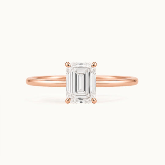 Primrose Emerald Ring, an emerald-cut lab-grown diamond solitaire in recycled 18K rose gold