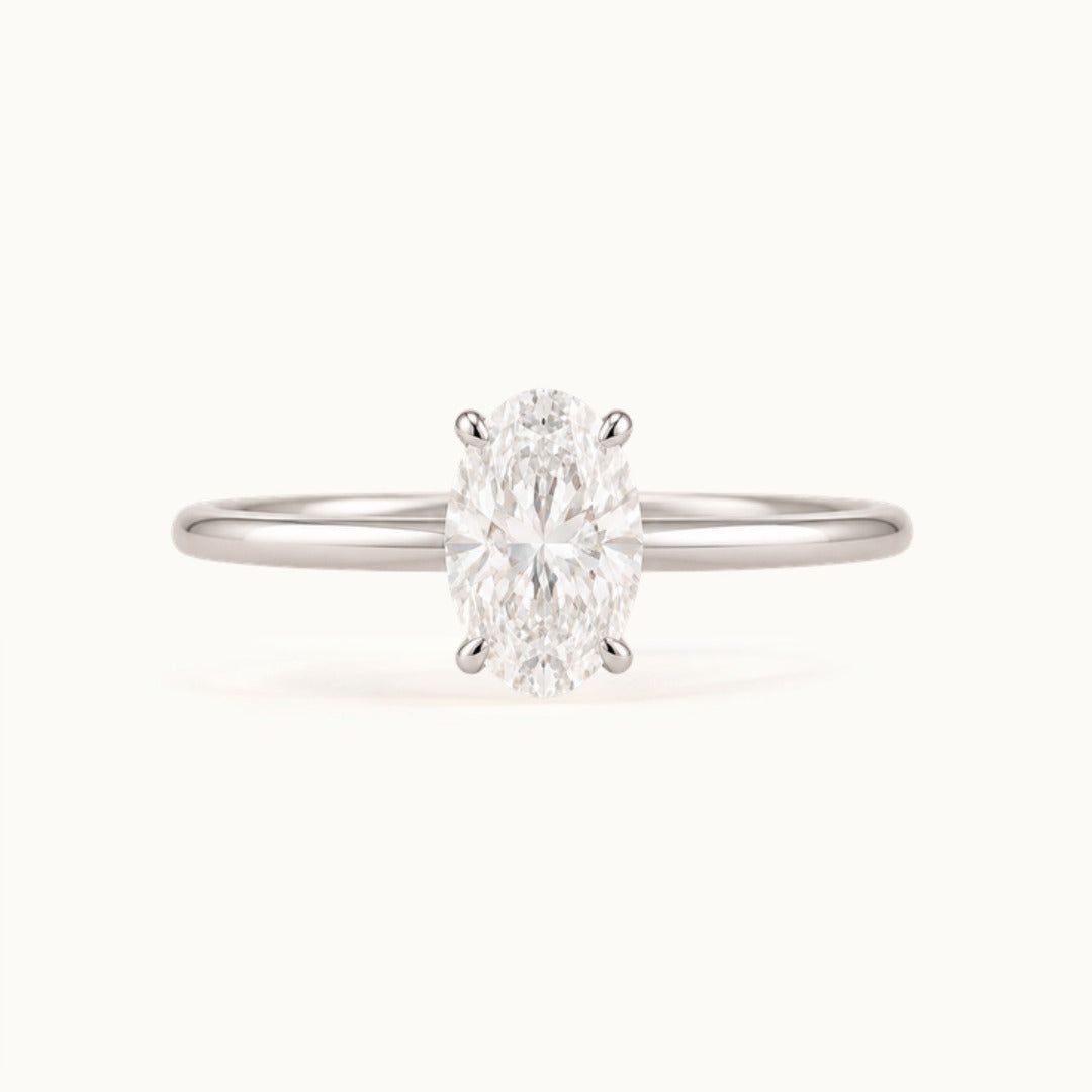 Primrose Oval Ring, an oval lab-grown diamond solitaire in recycled 18K white gold