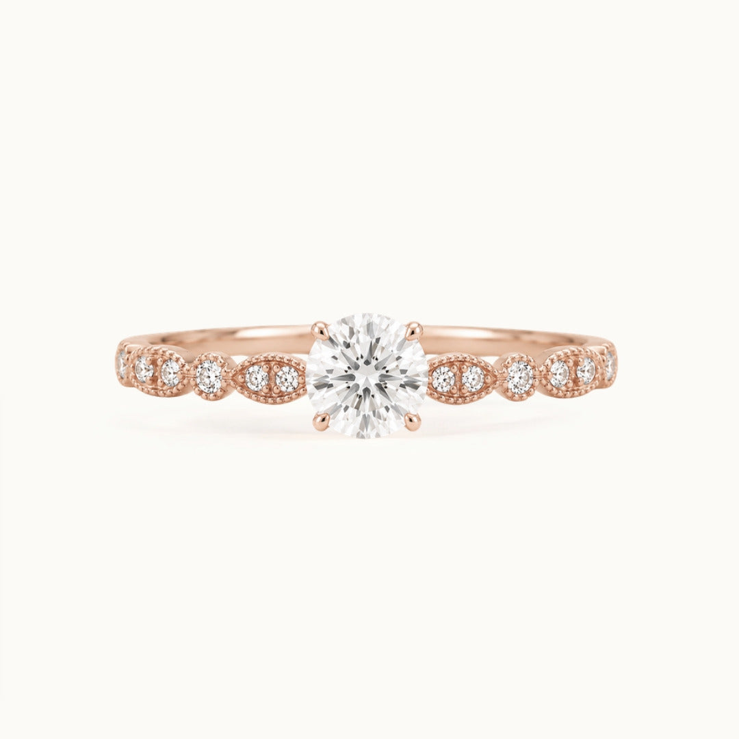 Viola Ring, a round lab-grown diamond on a milgrain diamond band, recycled 18K rose gold