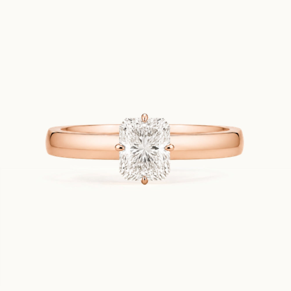 Vivienne Ring, a radiant-cut lab-grown diamond solitaire on a wide band, recycled 18K rose gold