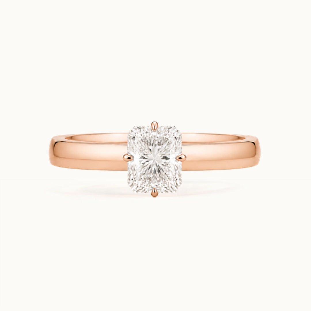 Vivienne Ring, a radiant-cut lab-grown diamond solitaire on a wide band, recycled 18K rose gold