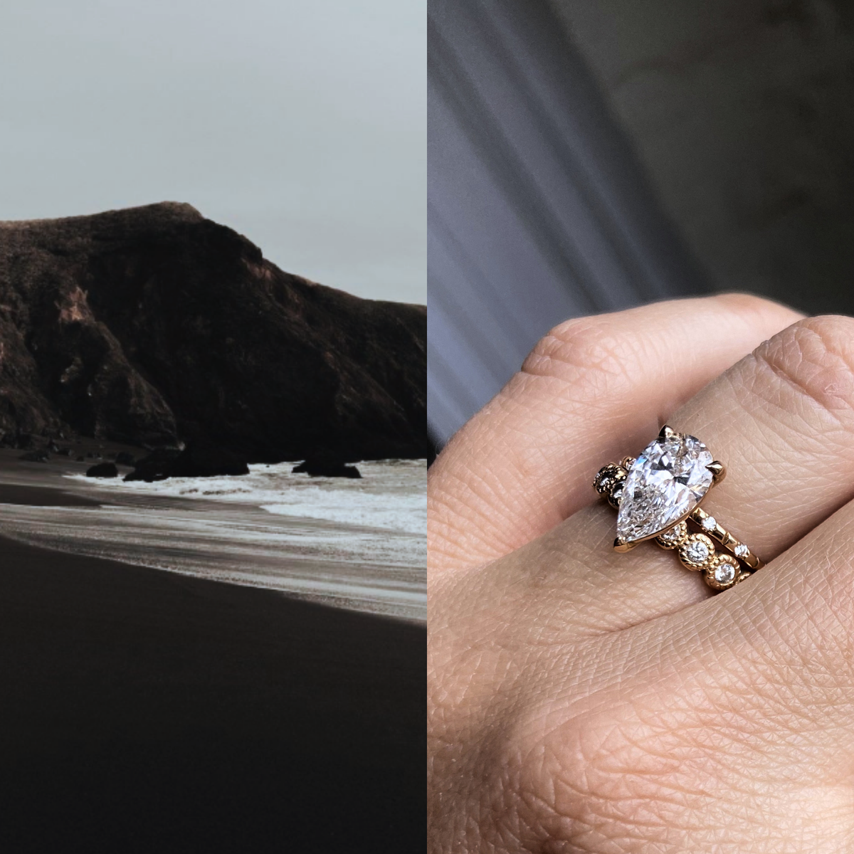 Pear-cut lab-grown diamond engagement ring in recycled 18K yellow gold, worn on the hand and stacked with a delicate diamond-accented band. Handmade in Antwerp by Juna Fae.