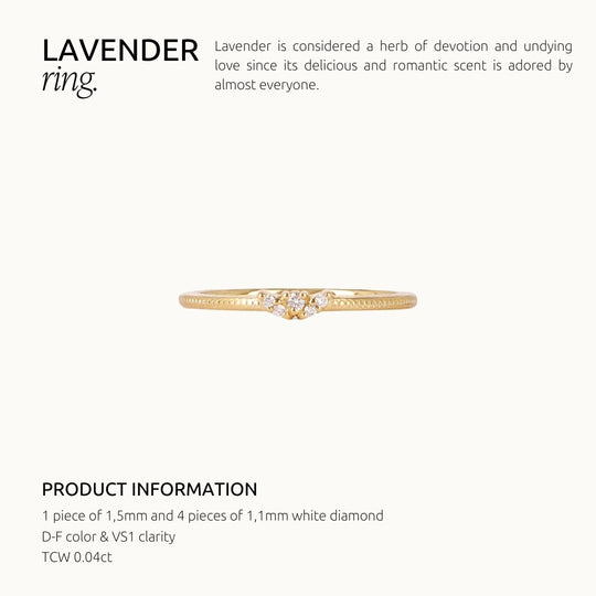 Lavender Ring product card – lab-grown diamond milgrain ring in recycled 18K gold, Juna Fae