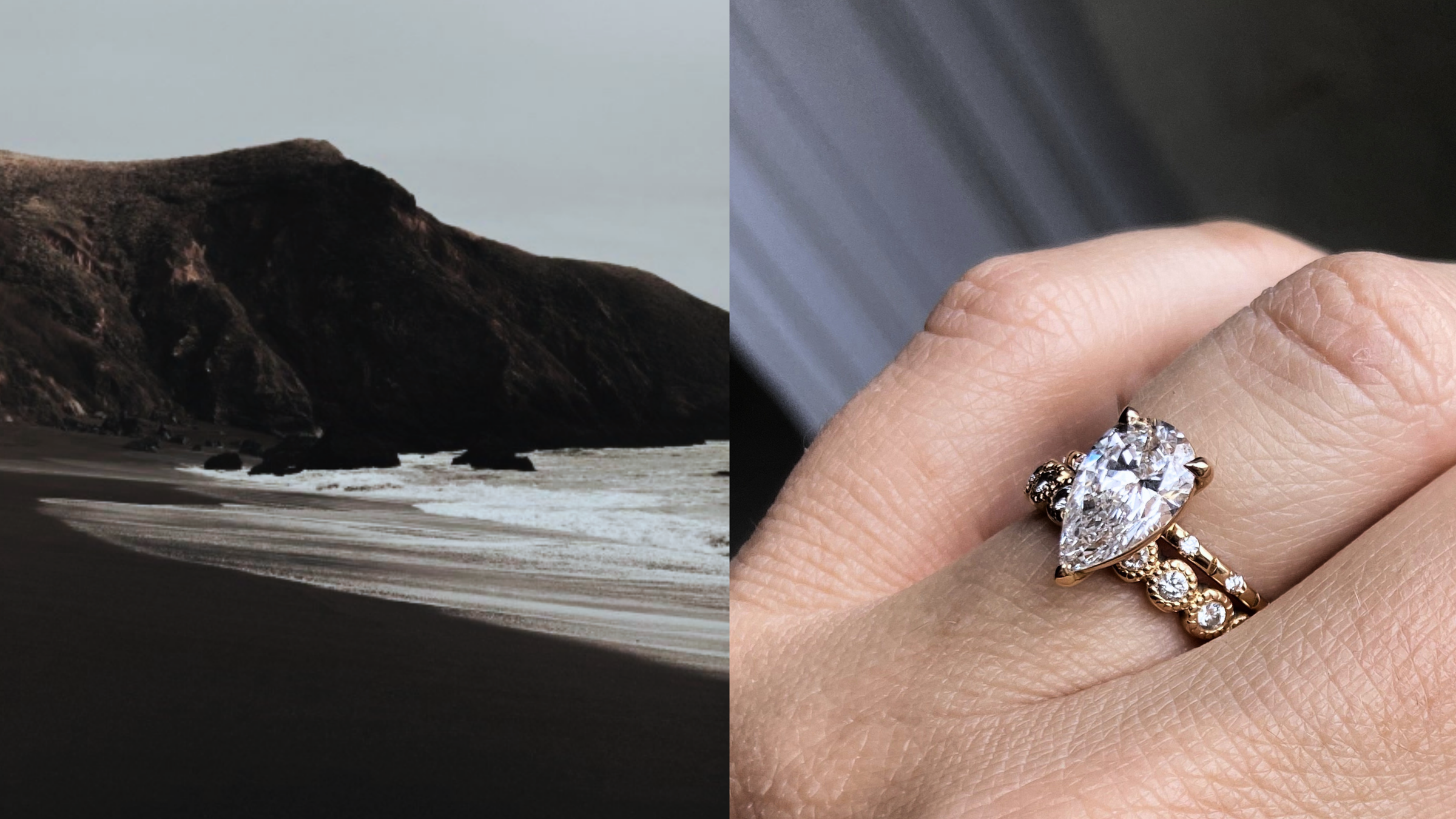 Pear-cut lab-grown diamond engagement ring in recycled 18K yellow gold, worn on the hand and stacked with a delicate diamond-accented band. Handmade in Antwerp by Juna Fae.