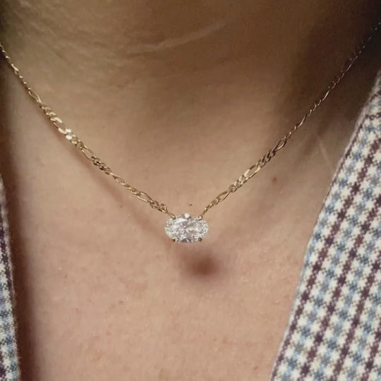 Model wearing 18 carat gold figaro chain necklace featuring a single solitaire 2 carat oval labgrown diamond pendant in a minimalist setting.