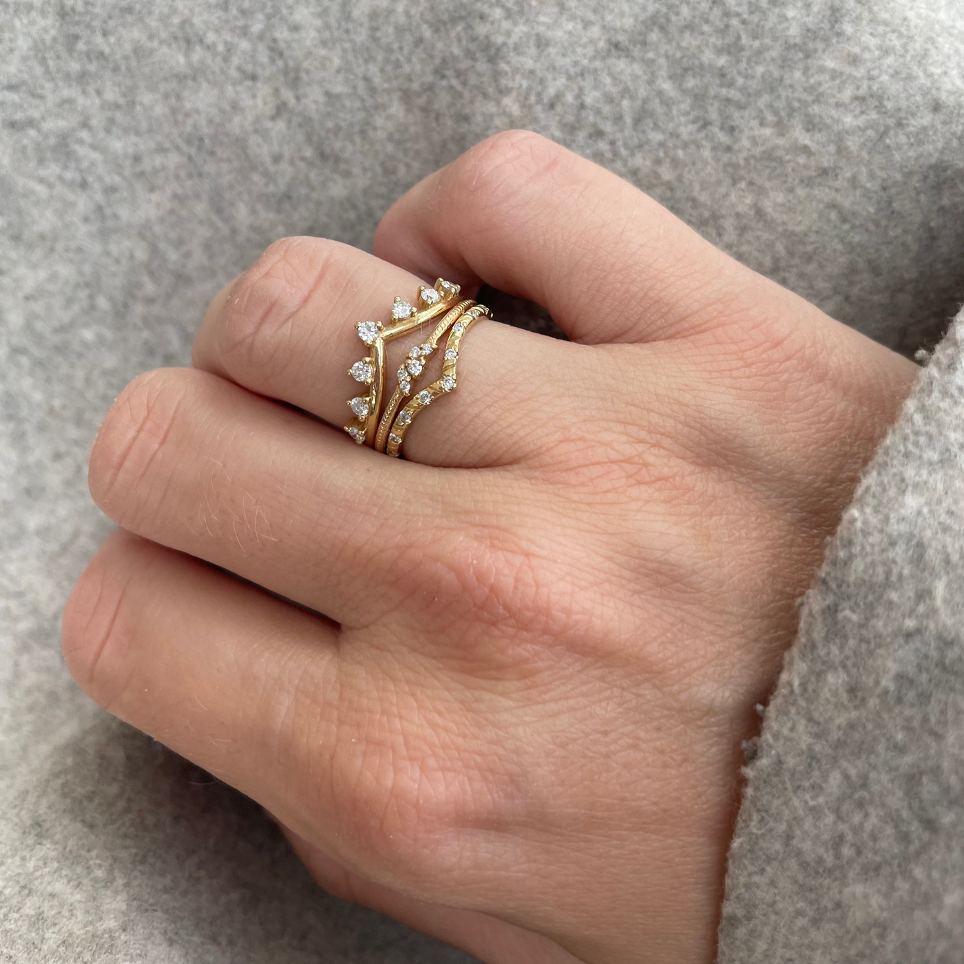 Rosemary Ring and Alyssa Ring stacked on the hand, recycled 18K gold with lab-grown diamonds