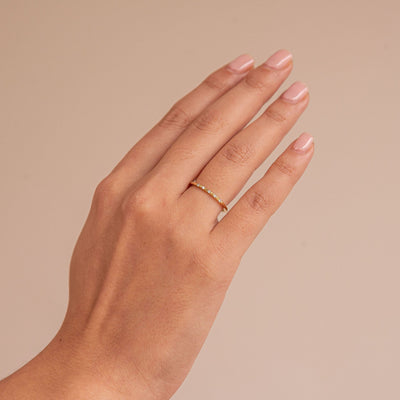 Delicate Daisy Ring Juna Fae sustainable conscious jewelry 18k recycled gold lab grown diamonds in a row stack