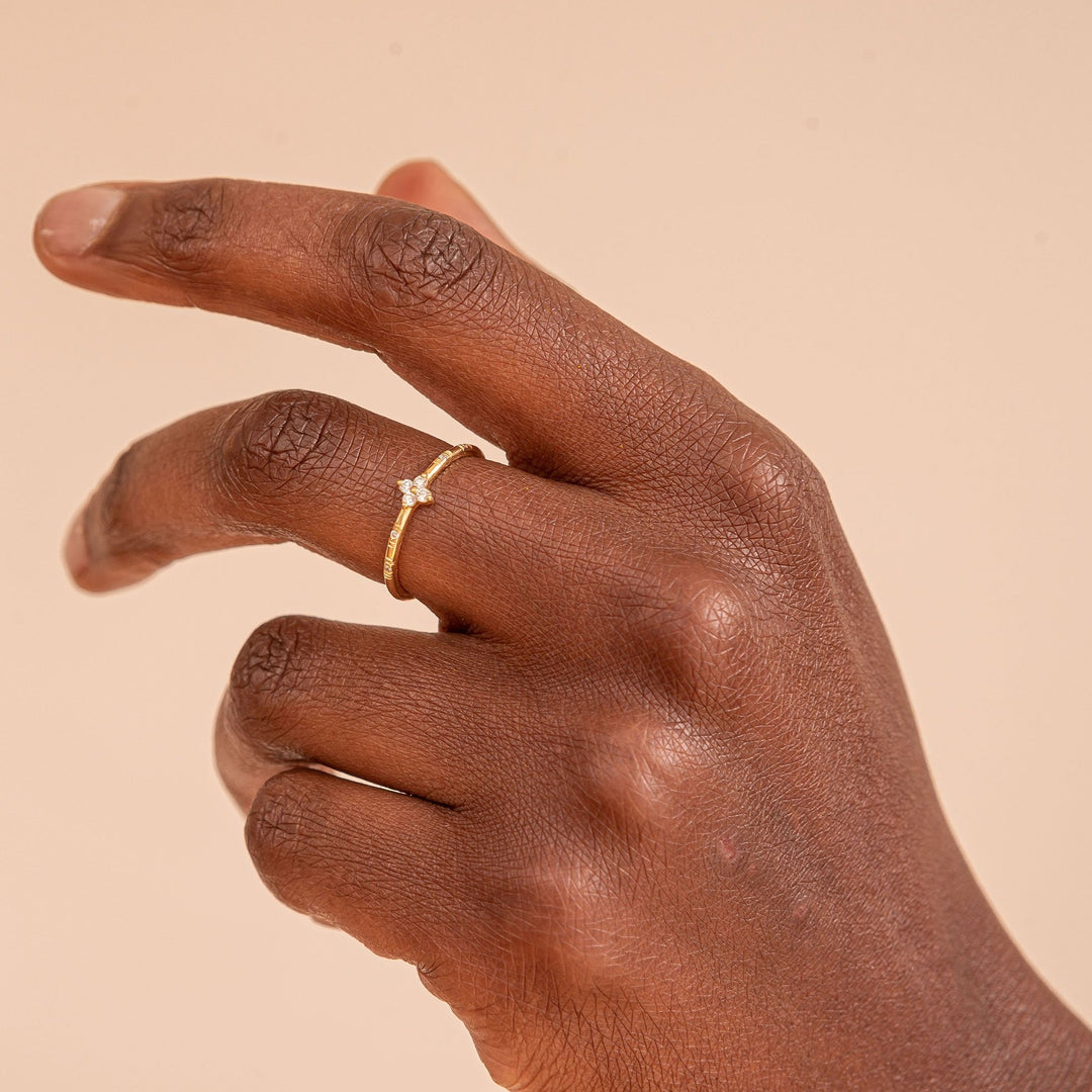 Heather Ring worn on hand – lab-grown diamond clover ring in recycled 18K yellow gold, Juna Fae